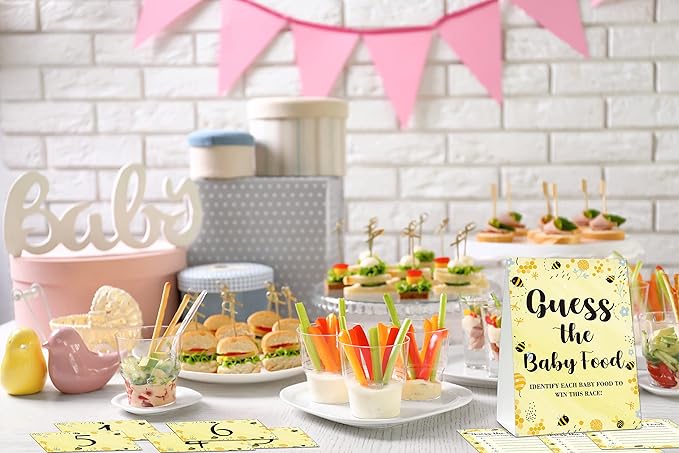 Baby Shower Game Set, Find The Baby Food Party Games(1 Standing Sign + 20 Answer Cards + 6 Number Cards), Bumble Bee Shower Games, Honey Honeycomb Gender Reveal Party Favor Decor(A07)