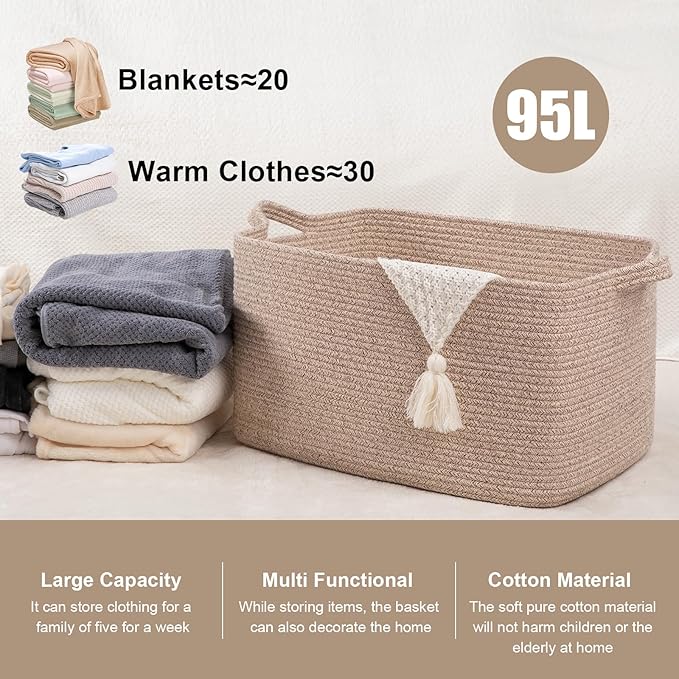 95L Large Storage Basket, Cotton Rope Woven Blanket Basket, Toy Storage for Baby Room, Living Room, 24" x 16.9" x 14.2", Brown