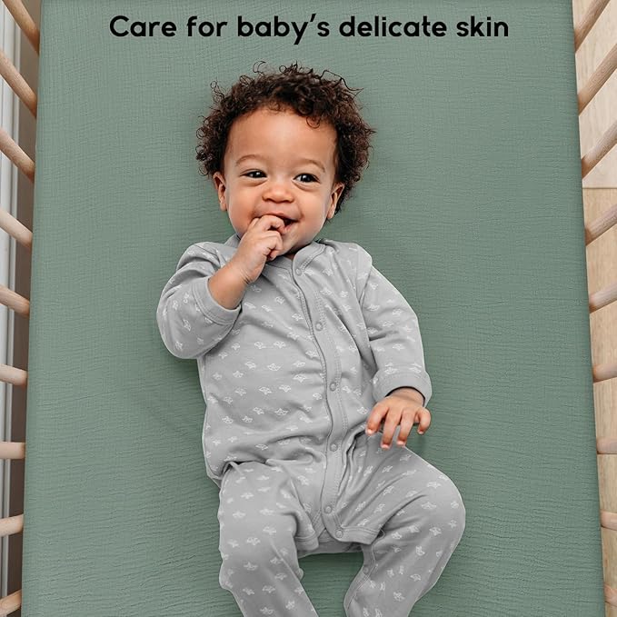 Yoofoss Muslin Crib Sheets for Boys Girls 100% Cotton Fitted Baby Crib Sheet 2 Pack Soft and Breathable for Standard Crib Mattress & Toddler Mattress 52"x28" Apricot&Green