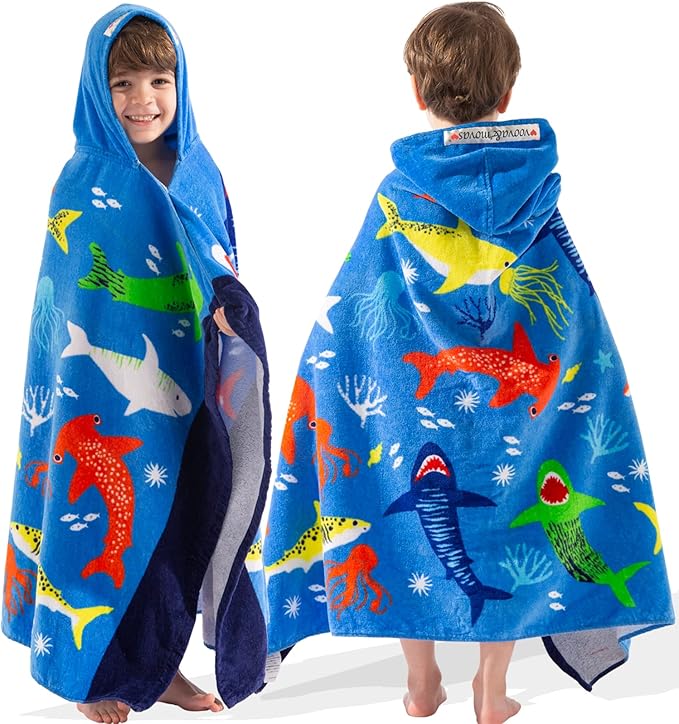 VOOVA & MOVAS Hooded Towel for Toddlers 3-10 Years,30''X50'',Soft | Thick | Cotton | Absorbent | Large Beach | Pool | Bath | Swim Towels | Cover up for Boys, Shark Fish