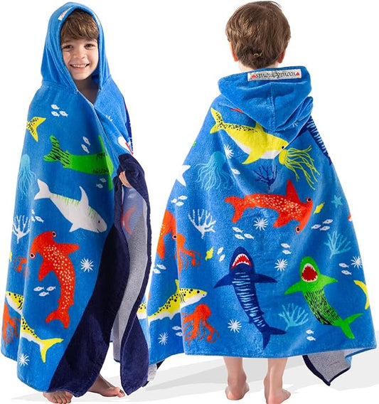 VOOVA & MOVAS Hooded Towel for Toddlers 3-10 Years,30''X50'',Soft | Thick | Cotton | Absorbent | Large Beach | Pool | Bath | Swim Towels | Cover up for Boys, Shark Fish