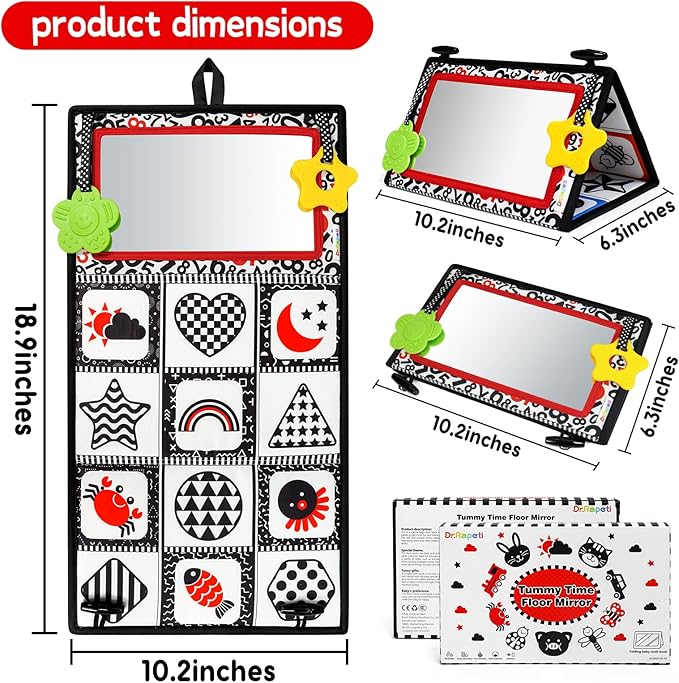 Dr.Rapeti Tummy Time Floor Mirror for Baby Infant Toddler Kids Black and White High Contrast Baby Toy with Teethers Floor Activity Toy Washable Non-Toxic