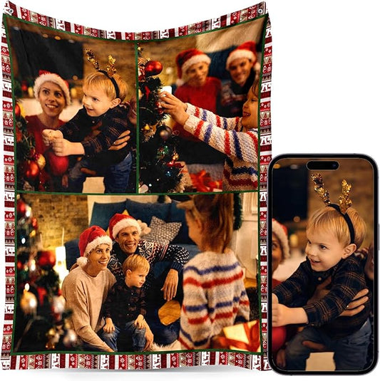 Custom Personalized 9 Photo Collage Blanket Thow Gifts with Text, Customized Pictures Blankets Gift for Christmas Birthday Thanksgiving Adults Kids Dad Mom Girlfriend Boyfriend (3 Grid Christmas)