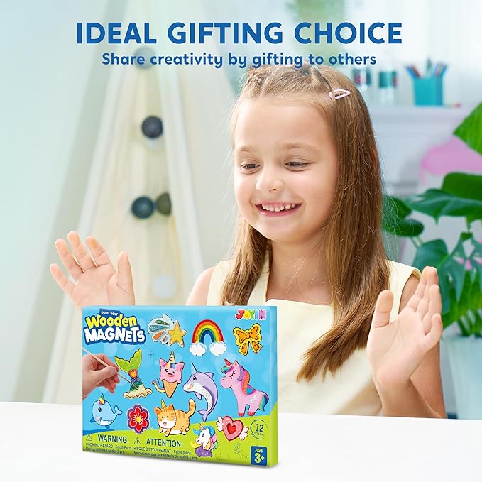 JOYIN 12 pcs Fantasy Wooden Magnets, Kids Unicorn Painting Craft, Spring and Rainy Day Activities School Art Projects, Toys for Kids Aged 3+ Birthday Easter