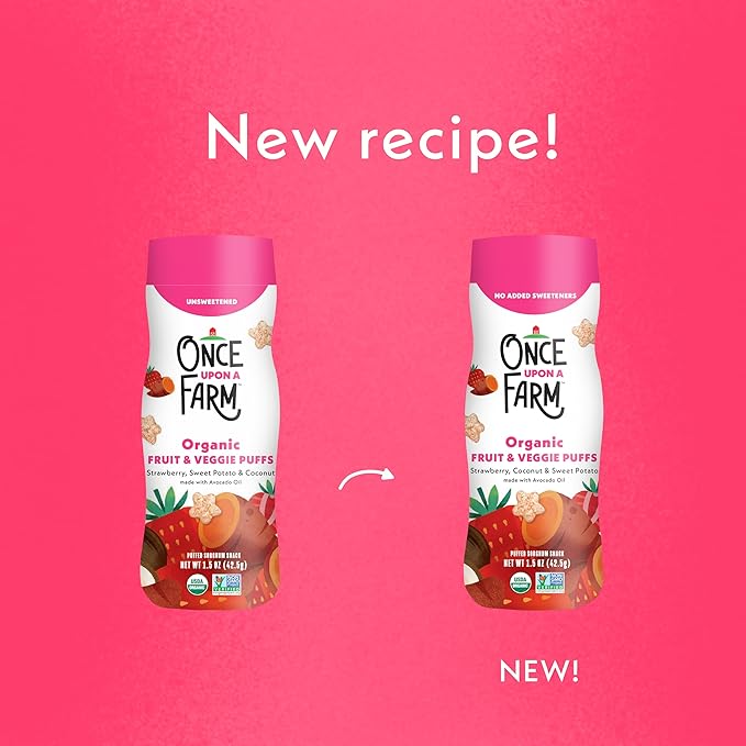 Once Upon A Farm Strawberry, Coconut & Sweet Potato Puffed Sorghum Snack, Fruit & Veggie Puffs, Non GMO, 1.5 Ounces (Pack Of 6)