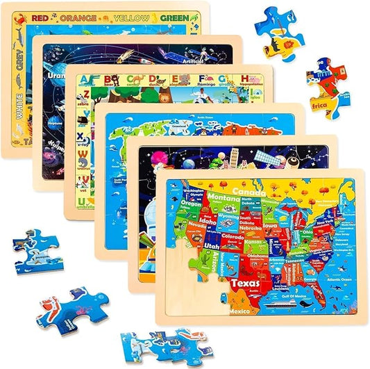 Wooden Puzzles for Toddlers 3 5, 6 Packs 24Pcs Solar System Wooden States World Map Kids Puzzles Ages 4 8, Preschool Educational Brain Toys Gifts for Boys and Girls 2 4 3 5 Year Old