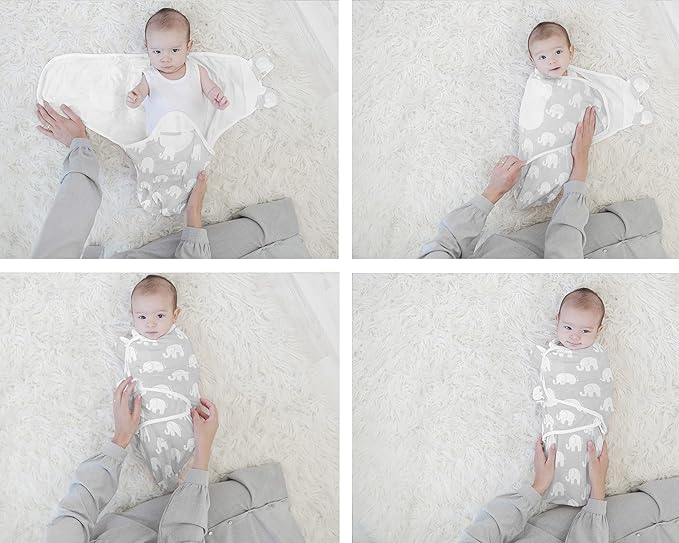 BaeBae Goods Swaddle Blanket, Adjustable Infant Baby Swaddling Wrap Set of 4, Baby Swaddling Wrap Blankets for Boys and Girls Made in Soft Cotton (3-6 Months, Grey Elephants)
