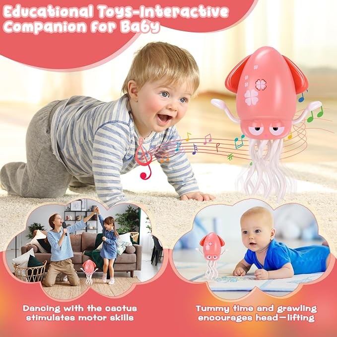 Dancing Octopus Baby Toy, Tummy Time Toys, with Music and Led Light, Automatically Avoids Obstacles, Crawling Toy Suitable for Birthday Gifts for Toddlers Over One Month Old(Pink)