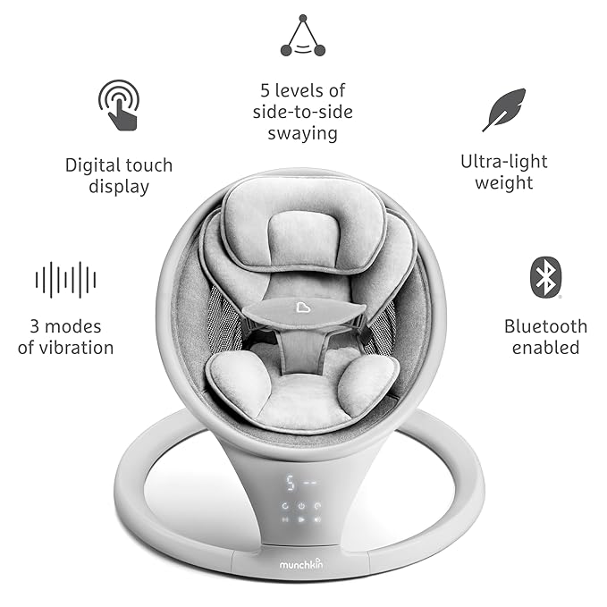 Munchkin® Vibration Baby Swing, Light Grey - Bluetooth-Enabled Smart Seat with Music, Motion, and Sounds