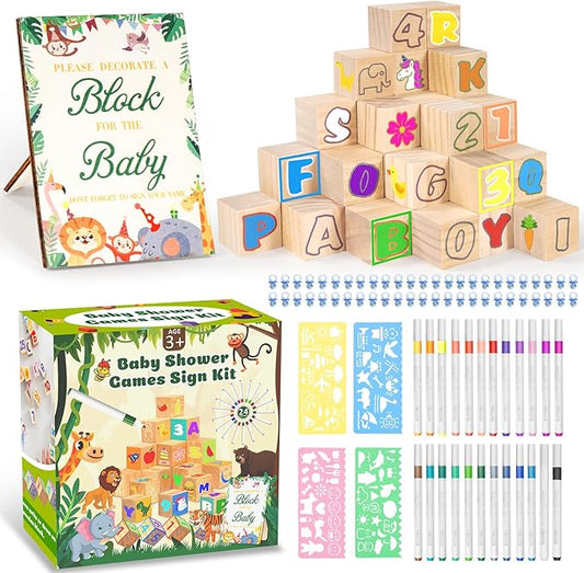 115 Pcs Baby Shower Games Sign Kit, Baby Shower Blocks to Decorate with 48 Wooden Blocks 50 Acrylic Baby Pacifiers 75 Stencils 24 Acrylic Paint Marker, Suitable for Gender Reveal Game