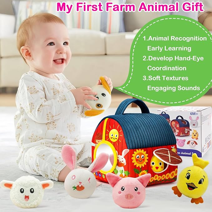 Baby Toys 6-12 Months Plush Barn with Stuffed Farm Animals Crinkle, Rattle & Mirror Montessori Toys Developmental Sensory Toys for 6 Month Old Boys Girls Babies & Toddlers