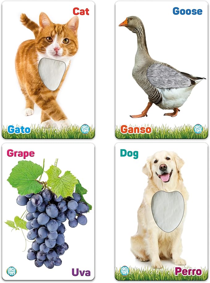 My Touch and Feel English Spanish Bilingual Picture Double Sided Sensory Flash Cards for Infant, Toddlers, Kids, Learn Animals, Fruits, and Vehicles, Fun Learning and Educational Flashcards