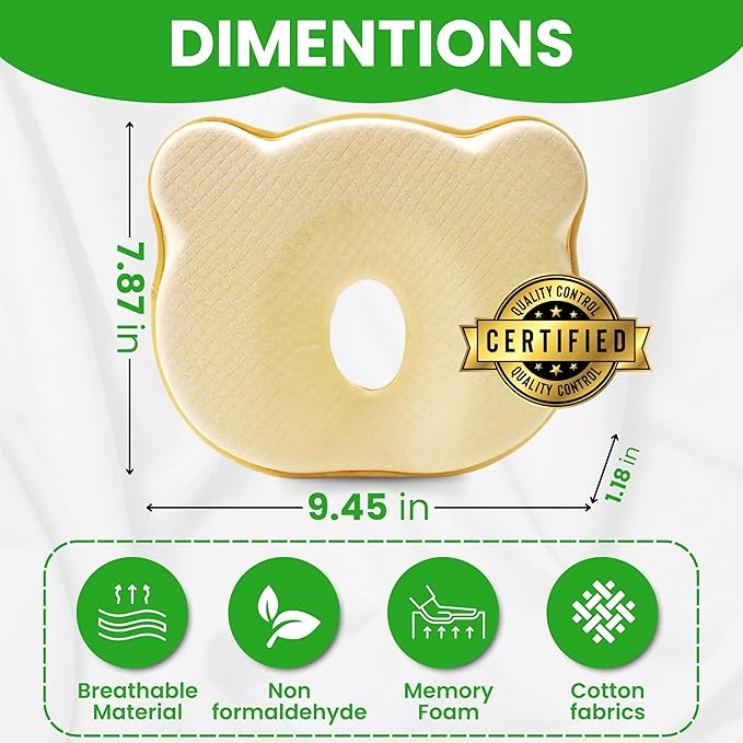 Premium Unisex Memory Foam Portable Baby Pillow Hypoallergenic Prevent Flat Head Neck Support for Infant Sleeping Soft and Cozy Breathable for Bebe Travel