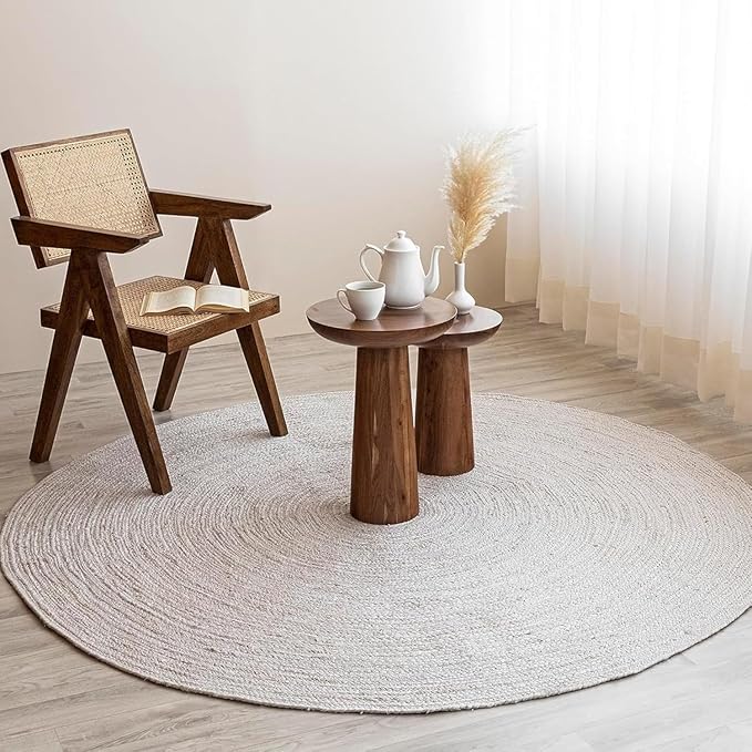 HOMEMONDE Handwoven Round Jute Rug 6ft Off White - Braided Reversible Vintage Area Rug Farmhouse Rustic and Bohemian Eco Friendly Home Décor for Bedroom, Living Room and Kitchen