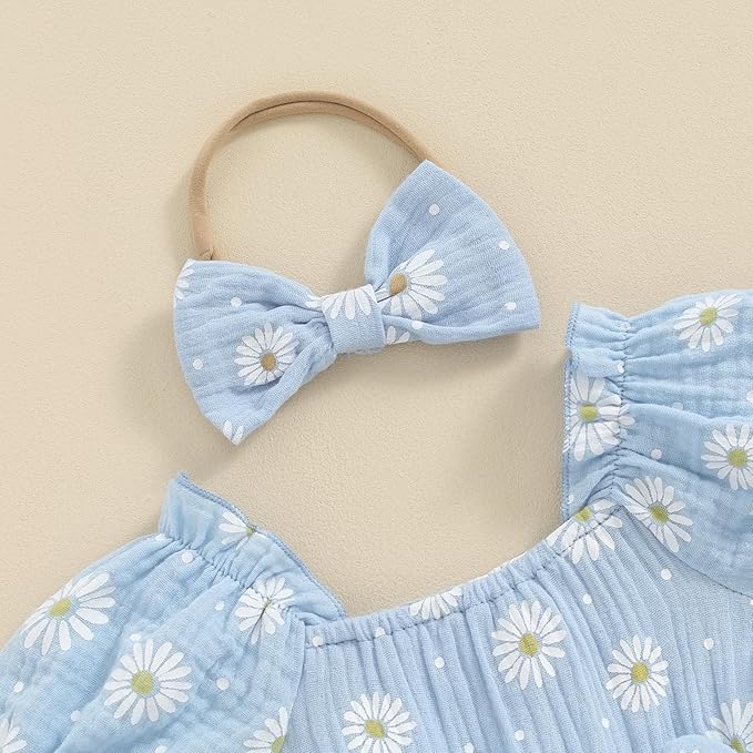 Baby Girls Floral Cotton Leotard Romper Newborn Daisy Playsuits Ruffled Sleeve Onesie Infant Jumpsuit Clothes Headband