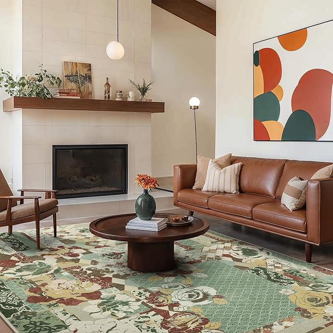 GENIMO 5X7 Floral Area Rugs for Living Room, Machine Washable Non Slip Vintage Patchwork Washable Rug, Ultra-Thin Low Pile Chenille Rugs for Bedroom, Dining Room, Celadon Green