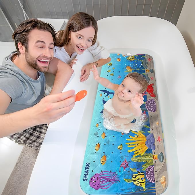 XIYUNTE Baby Bath Mat for Tub Non Slip Kids Bath Mat - 40''x16'' Extra Long Cartoon Shark Baby Bath Tub Mat Eco-Friendly Toddler Bath Mats with Suction Cups and Drain Holes Easy to Clean & Easy Drying