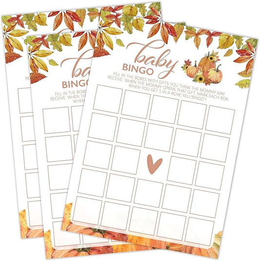 Fall Baby Shower Games, Bingo Cards, 5x7 in, Thanksgiving Party Favor Decorations Supplies - QTA02