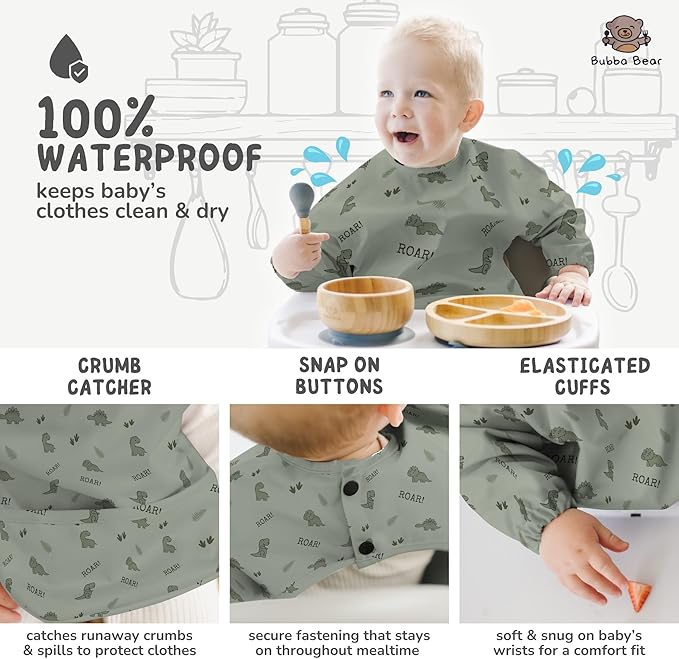 Bubba Bear Baby Bib with Sleeves, Long Sleeve Toddler Feeding Apron Bibs for Eating & Lead Weaning, Mess Proof Full Sleeved