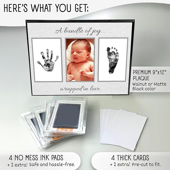 Baby Hand and Footprint Kit with Photo & Birth Details, Inkless Hand and Footprint Kit, Newborn Keepsake Plaque, Baby Shower Gifts (STYLE 2 (Baby Shower) (A Bundle Of Joy))