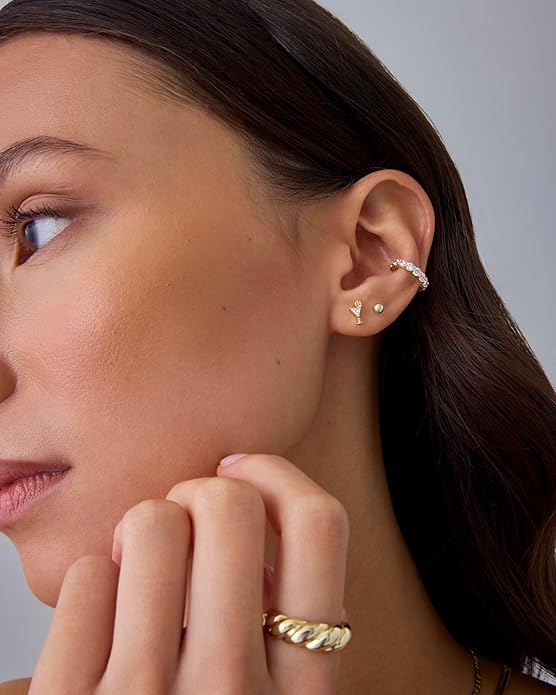 PAVOI 14K Gold Plated Dainty Flat Back Earrings for Women - Hypoallergenic Sterling Silver Posts Helix Cartilage Piercing Jewelry - Emoji Motif Bow Celestial Flatback Gold Stud Earrings Screw Back