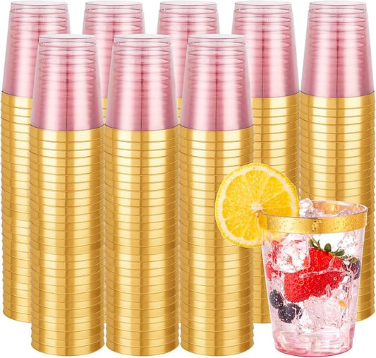 supernal 100 Pcs Pink Plastic Cups,10 Oz Clear Pink Disposable Cups with Gold Trim,Plastic Cocktail/Drink/Bridal Shower/Baby Shower Cups for Party,Wedding and Birthday,Cute Disposable Cup