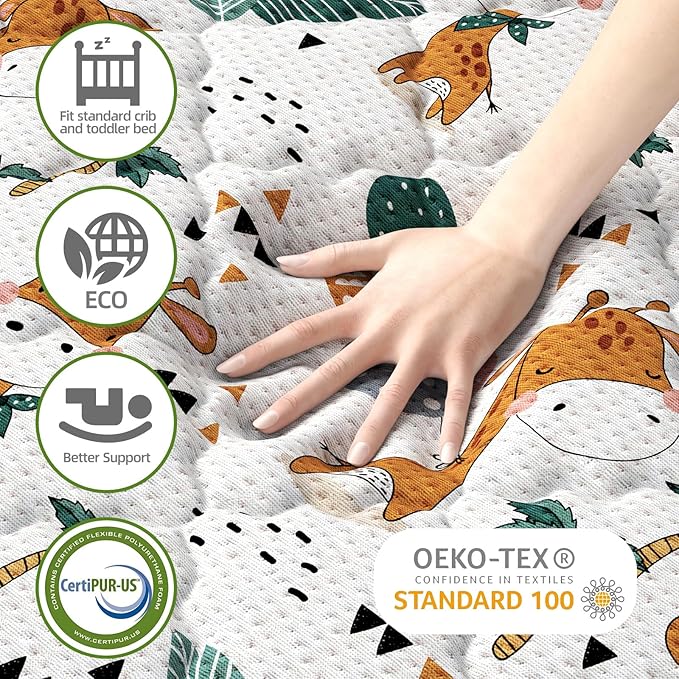 5" Crib & Toddler Mattress, 52x27.5 Breathable Knitted Fabric Cover, CertiPUR-US Certified Foam, Edge Reinforcement, Fits Standard Size Crib and Toddler Bed, Giraffe
