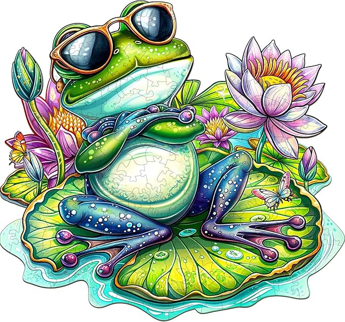 Jigfoxy Wooden Puzzle for Adults, Leisurely Frog Wooden Jigsaw Puzzles for Adult, Unique Animal Shape Wood Cut Puzzles, Christmas Thanksgiving Gifts for Friends Family (S-8.5 * 7.8in-90pcs)