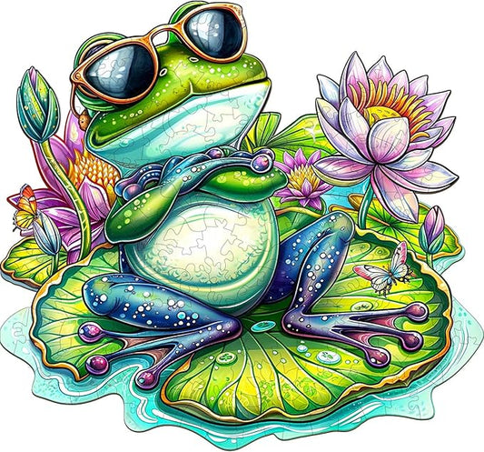Jigfoxy Wooden Puzzle for Adults, Leisurely Frog Wooden Jigsaw Puzzles for Adult, Unique Animal Shape Wood Cut Puzzles, Christmas Thanksgiving Gifts for Friends Family (S-8.5 * 7.8in-90pcs)