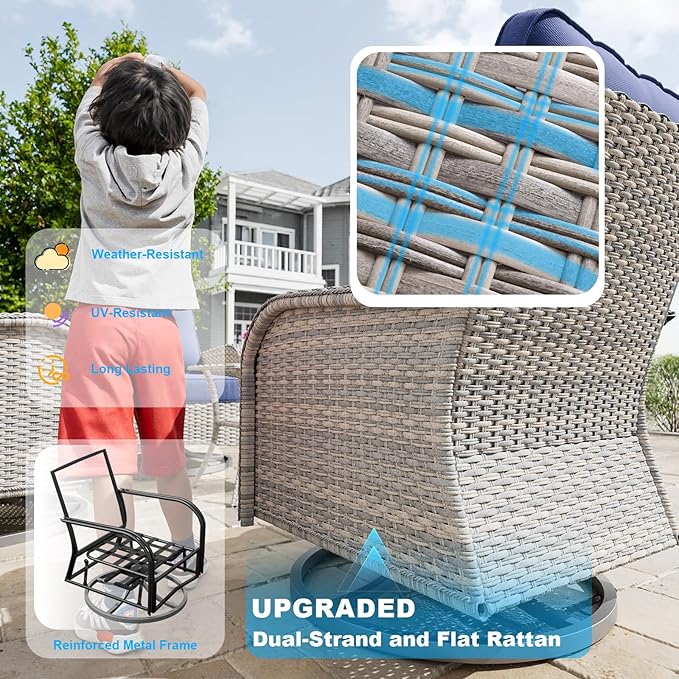 3-Piece Small Patio Furniture Set, Outdoor Swivel Rocking Chairs Set with Wicker Chairs and Tempered Glass Side Table, Outdoor Furniture Patio Bistro Set for Balcony, Deck, Porch