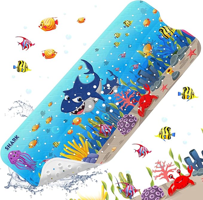XIYUNTE Baby Bath Mat for Tub Non Slip Kids Bath Mat - 40''x16'' Extra Long Cartoon Shark Baby Bath Tub Mat Eco-Friendly Toddler Bath Mats with Suction Cups and Drain Holes Easy to Clean & Easy Drying