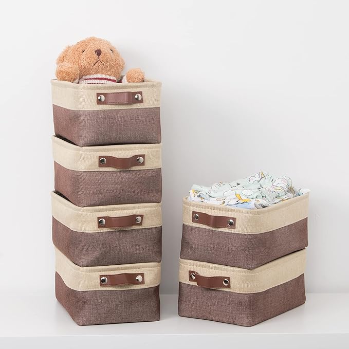 HNZIGE Foldable Fabric Storage Baskets for Shelves(6pack) Small Bins with Handles, Canvas Baskets for Gifts Empty With Handles for Closet Nursery Home Shelves Toy (Gold&Brown, 11.8" x 7.8" x 5.1")