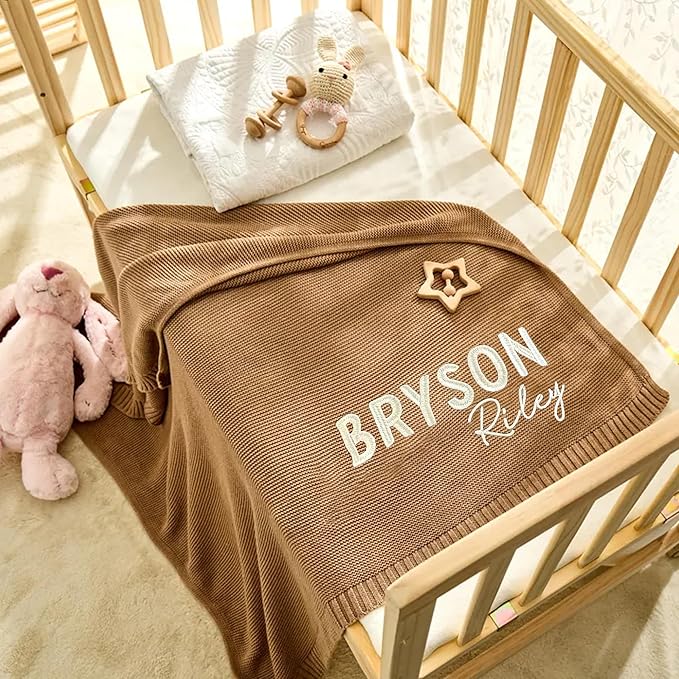 Personalized Name Baby Blanket, Embroidered Name Baby Blanket, Soft Breathable Cotton Knit Blankets, Newborn Babys Gift, New Mom Gifts, Newborn Babys Girl & Boy Gift, Birthday Shower Gifts 3