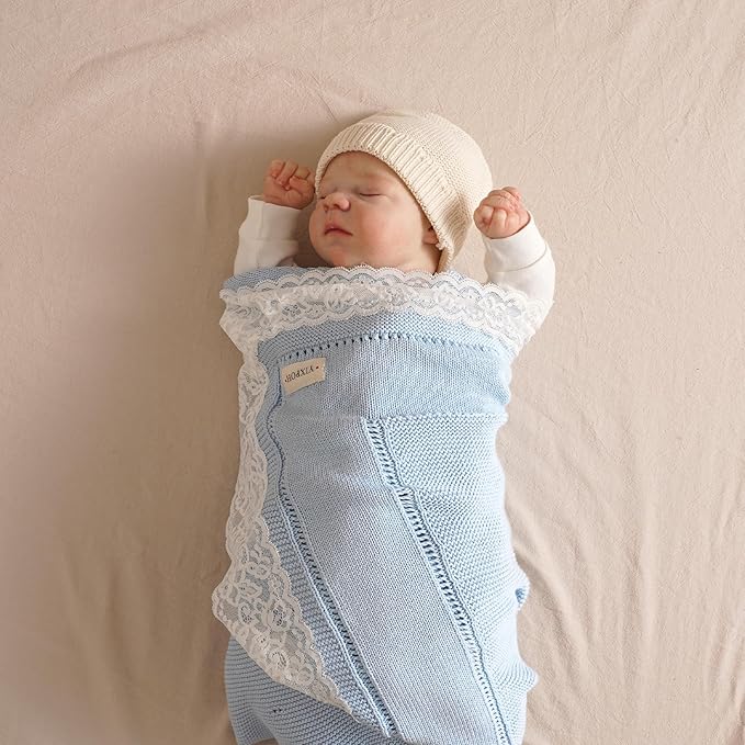 100% Organic Cotton Baby Blanket Knitted Softer Receiving Swaddle Warm Cozy Cuddle Crib Blanket for Newborns Infants Toddlers Boy and Girls Sky Blue