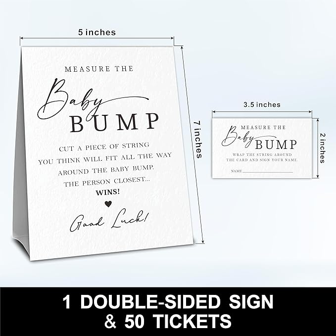 Minimalism Baby Shower Measure The Baby Bump, Measure Mommy's Belly Game Set - 1 Self-Standing Sign And 50 Tickets - Gender Reveal, Baby Shower, Baby Announcement Activity & Party Favor Supplies - A06