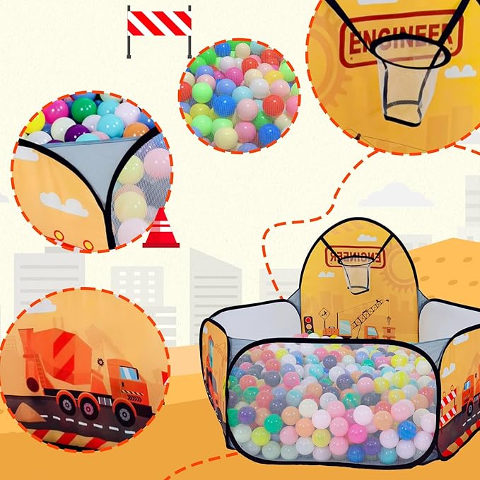 Kids Ball Pit, Pop Up Children Play Tent, Toddler Ball Pool Baby Crawl Playpen with Basketball Hoop, Portable Toys for Girls Boys, 4 ft / 120 cm, Balls Not Included, Engineering Car