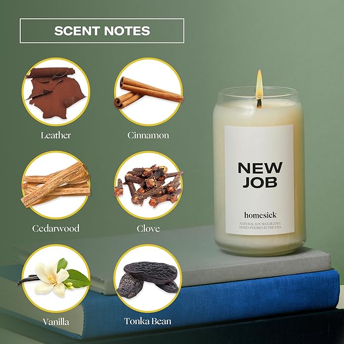 Homesick New Job Scented Candle - 13.75 oz Leather & Cinnamon Scented Natural Soy Wax Blend, Coworker Leaving Gifts for Friends, Goodbye, Going Away, New Beginnings & Congrats on New Job Candle Gift