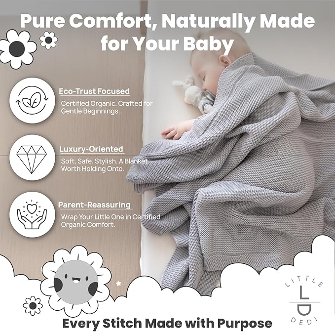 100% Organic Cotton Baby Knitted Blanket with Gift Box - Soft Toddler, Crib, Stroller Blanket - Neutral Swaddle and Receiving Blanket for Newborns, 30"x40", Harbor Mist