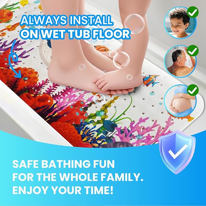 Linoows Baby Bath Tub Mat, 40 x 16 Inch Extra Large Non Slip Kids Cartoon Bathtub Shower Mats with Suction Cups & Drain Holes, Machine Washable for Bathroom, Undersea Blue Whale