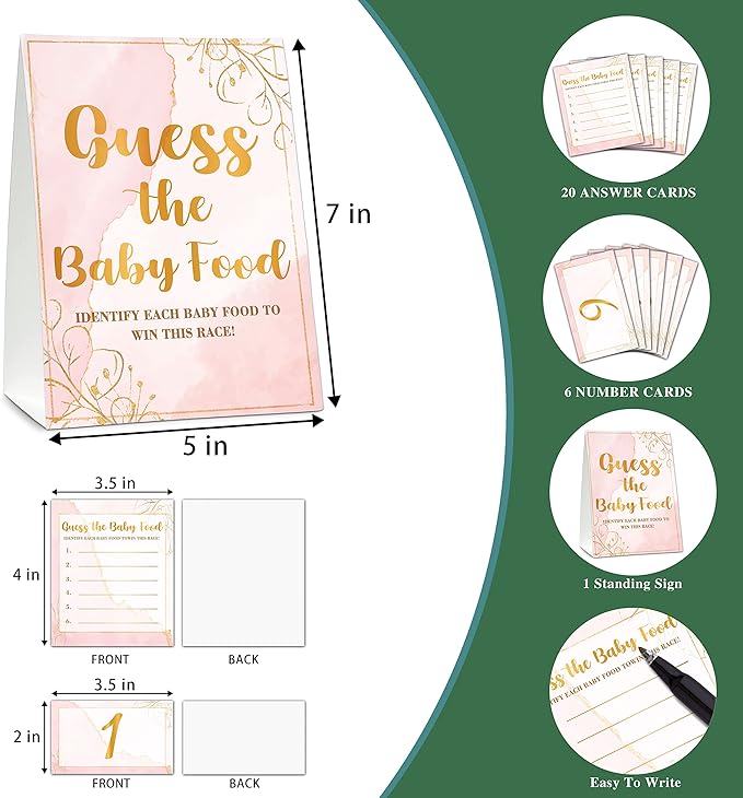Baby Shower Game Set, Find The Baby Food Party Games(1 Standing Sign + 20 Answer Cards + 6 Number Cards), Blush Pink Shower Games, Gold Foil Gender Reveal Party Favor Decor(A03)
