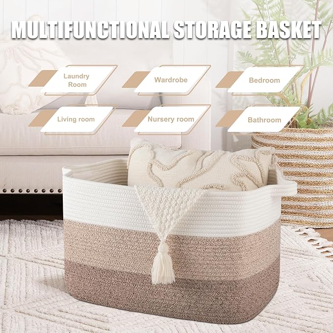 65L Large Storage Basket, Cotton Rope Woven Blanket Basket, Toy Storage for Baby Room, Living Room, Gradient Yellow
