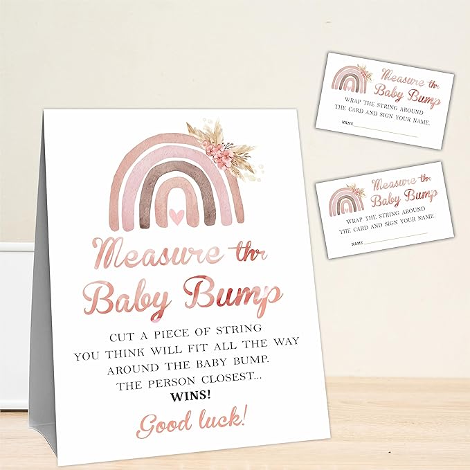 Boho Rainbow Baby Shower Measure The Baby Bump, Measure Mommy's Belly Game Set-1 Self-Standing Sign And 50 Tickets - Gender Reveal, Baby Shower, Baby Announcement Activity & Party Favor Supplies - A04