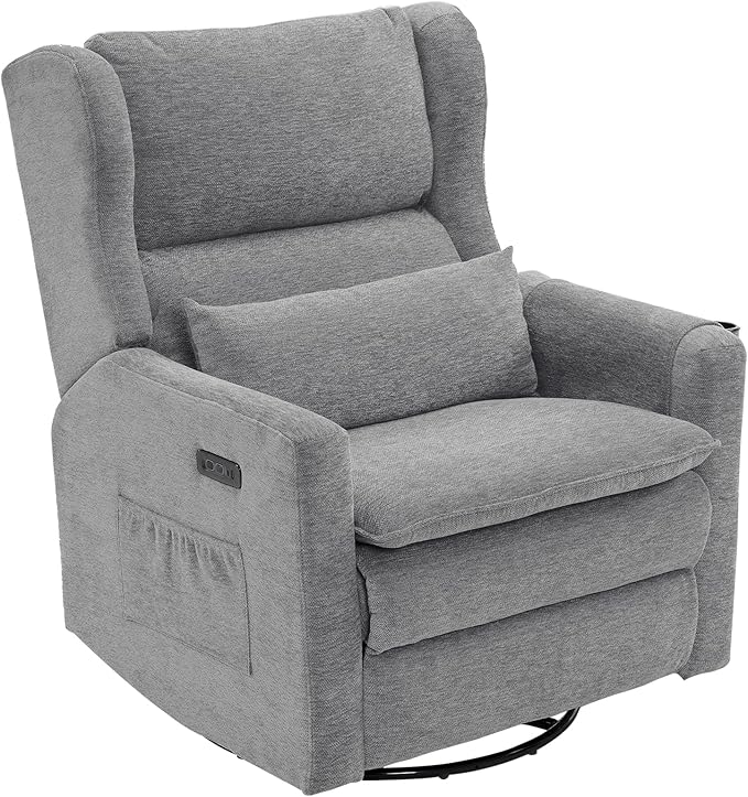 Oversized Swivel Rocker Recliner with Adjustable Headrest, 26" Extra Wide Glider Recliner Nursery Chair with Double Cushion, Chenille Glider Rocking Chair for Living Room,Cup Holder,Grey