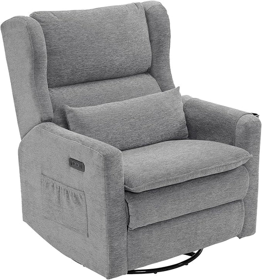Oversized Swivel Rocker Recliner with Adjustable Headrest, 26" Extra Wide Glider Recliner Nursery Chair with Double Cushion, Chenille Glider Rocking Chair for Living Room,Cup Holder,Grey