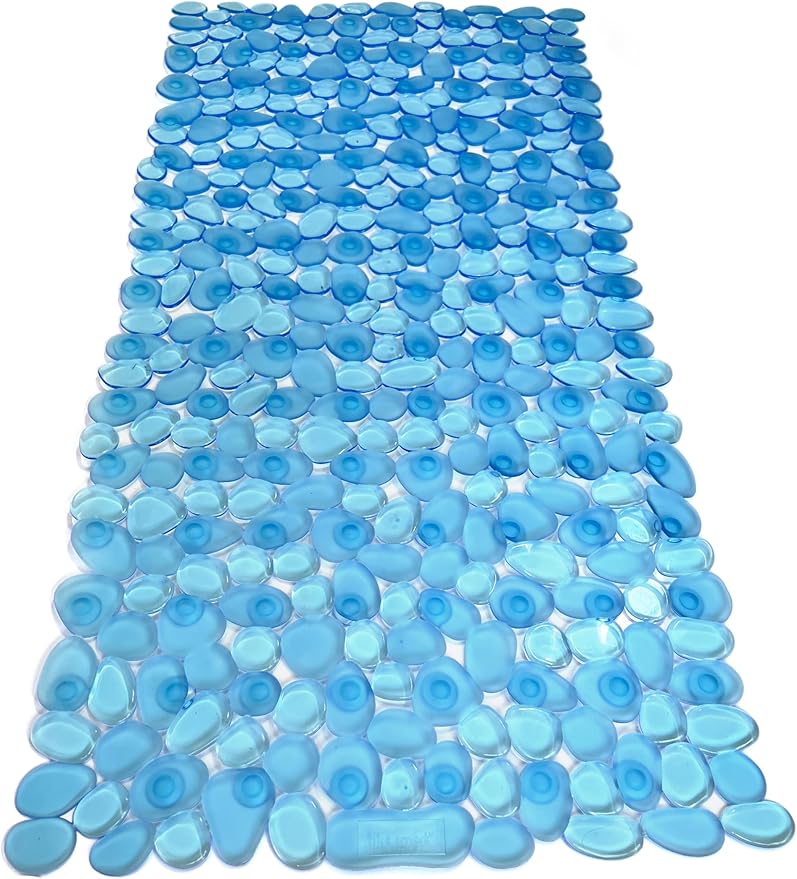 “Pebbles” Non-Slip Bathtub/Shower Mat 27.5”x14” Rectangular, Non-Toxic, Safe, Clean, Machine-Washable, Superior Grip & Drainage, Vinyl, for Smooth Floors ONLY, Transparent Light Blue