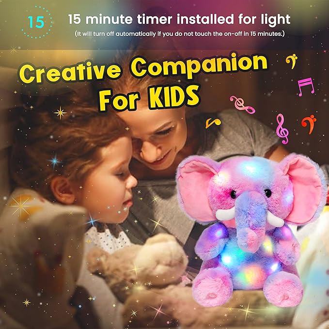 Hopearl Colorful LED Musical Stuffed Elephant Light up Singing Plush Elephish Adjustable Volume Lullaby Animated Soothe Birthday Festival for Kids Toddlers, Rainbow, 11''