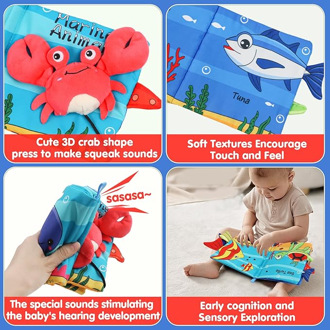 Soft Animal Tails Baby Toy Touch and Feel Crinkle Cloth Book (Marine Soft Baby Book)