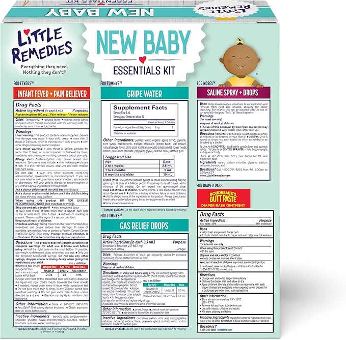 Little Remedies New Baby Essentials Kit with Saline Nasal Spray, Diaper Rash Cream, Gas Relief Drops, Gripe Water & More, Safe for Newborns