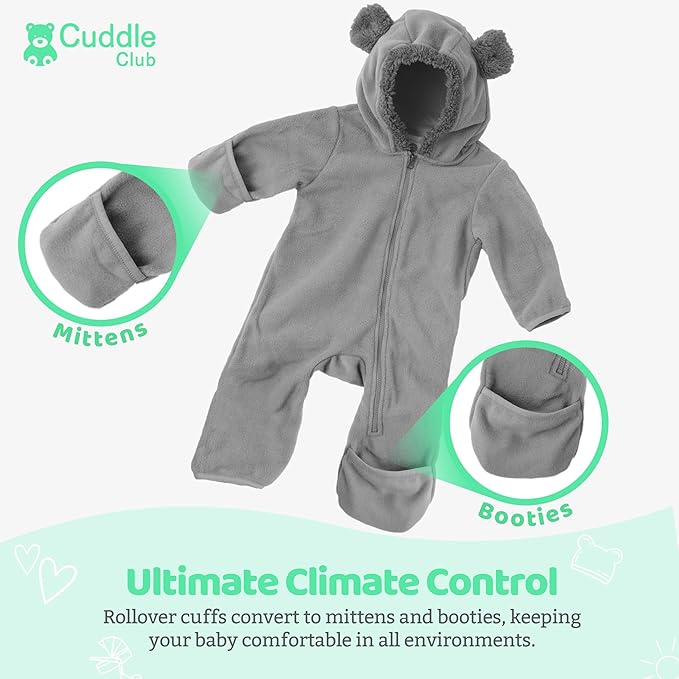 Cuddle Club Fleece Baby Bunting Bodysuit with Hood, Convertible Mittens & Booties, Car Seat Friendly, Soft & Warm, Easy Zip