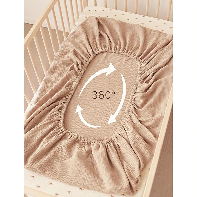 Konssy Muslin Crib Sheets for Boys, Soft Cotton Neutral Baby Sheets for Standard Crib Mattress 2 Pack, 52"x28" (Camel, Sun)